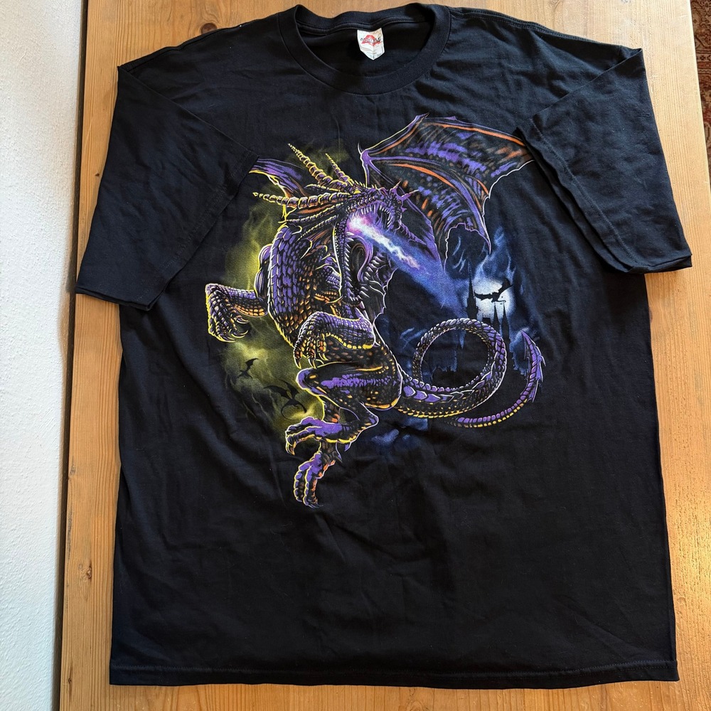 Vintage Purple Dragon Graphic Shirt Mens 2XL Black Fantasy Fire Breather Y2K